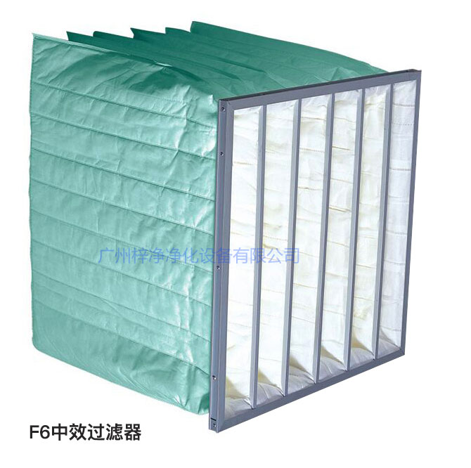 F6級袋式中效過濾器過濾效率為60-65%,常用于凈化空調中級過濾。